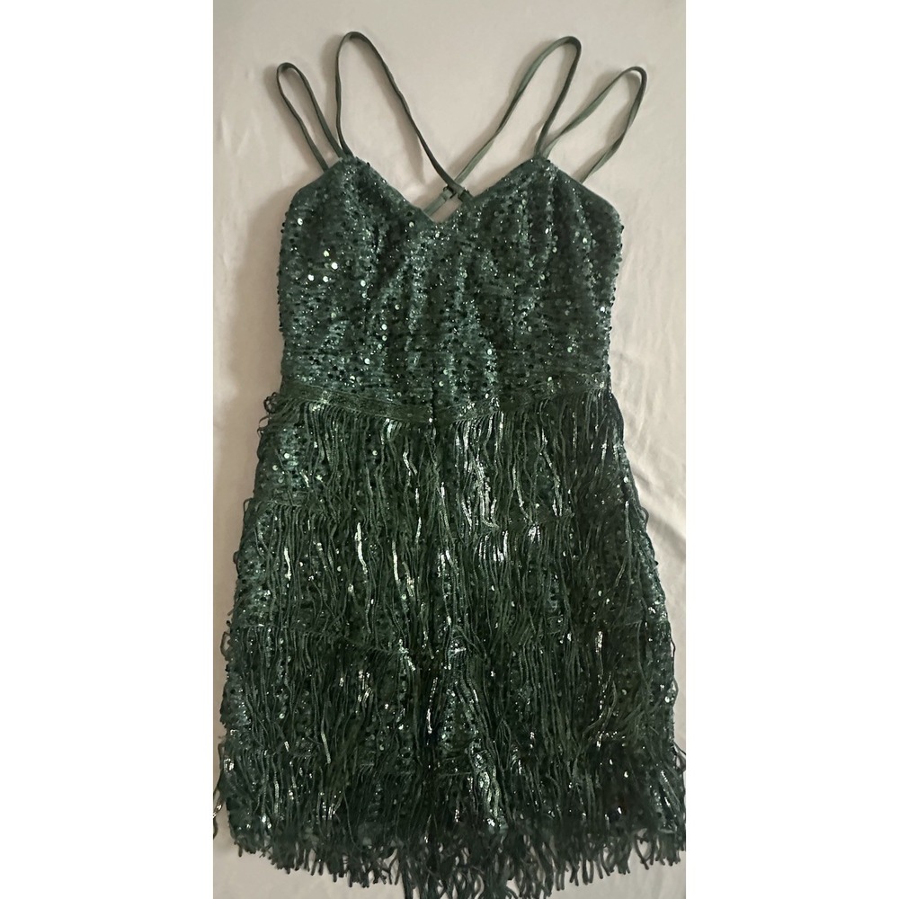 Gorgeous Emerald Green Sequin Fringe Dress Holiday Halloween Costume Sz M
